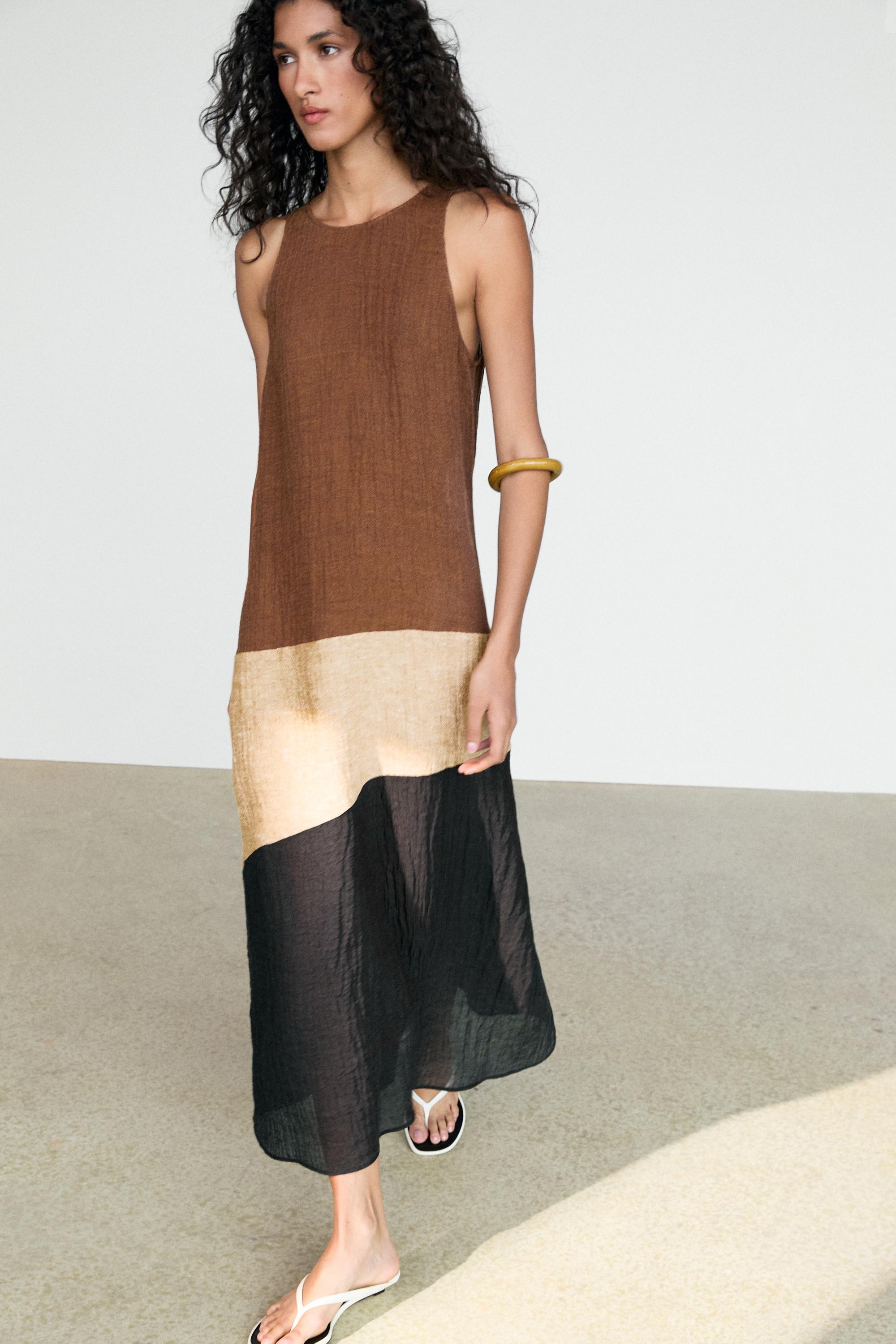 Robe midi bimatière en lin mélangé